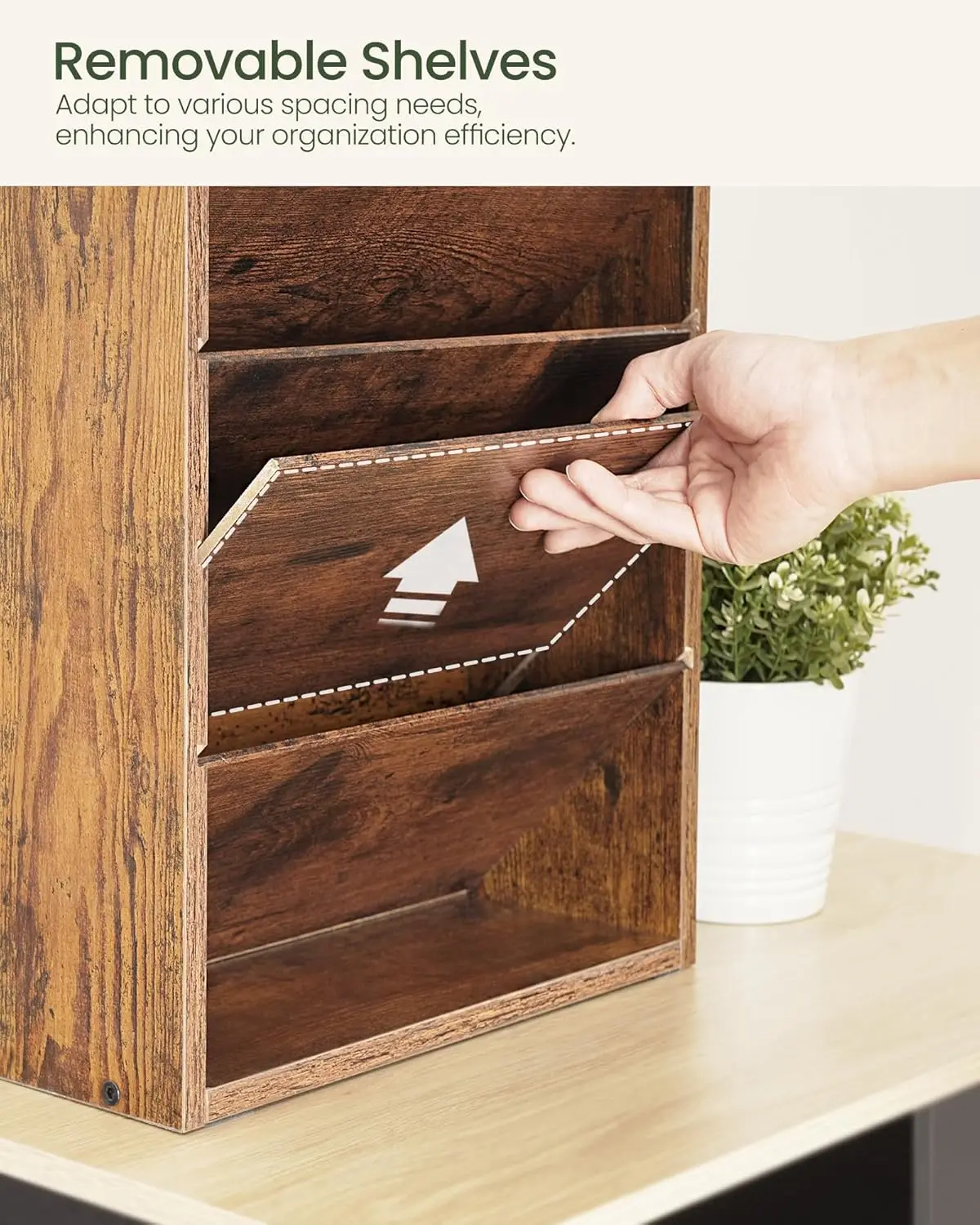 10-Tier Wall Mount File Organizer with Removable Shelves and Side Hooks, Rustic Brown Wooden Office Storage