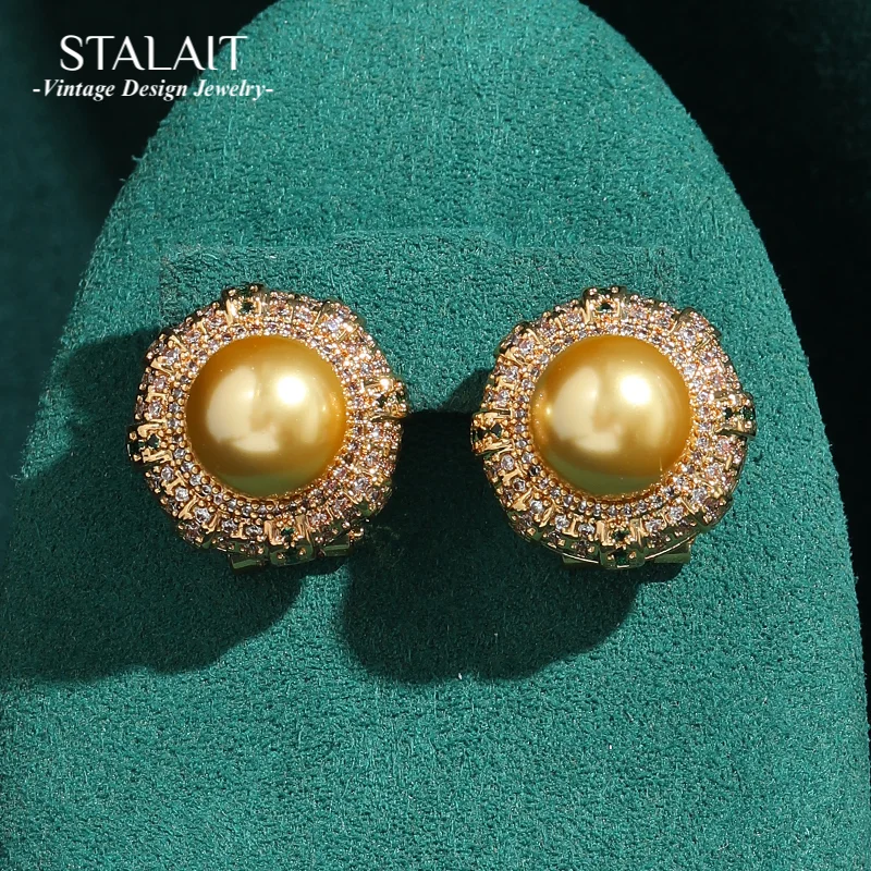 

Vintage 18k Gold Plated Champagne Pearl Earrings Stud Round Square For Woman Wedding Accessories Luxury Quality Jewelry Dubai