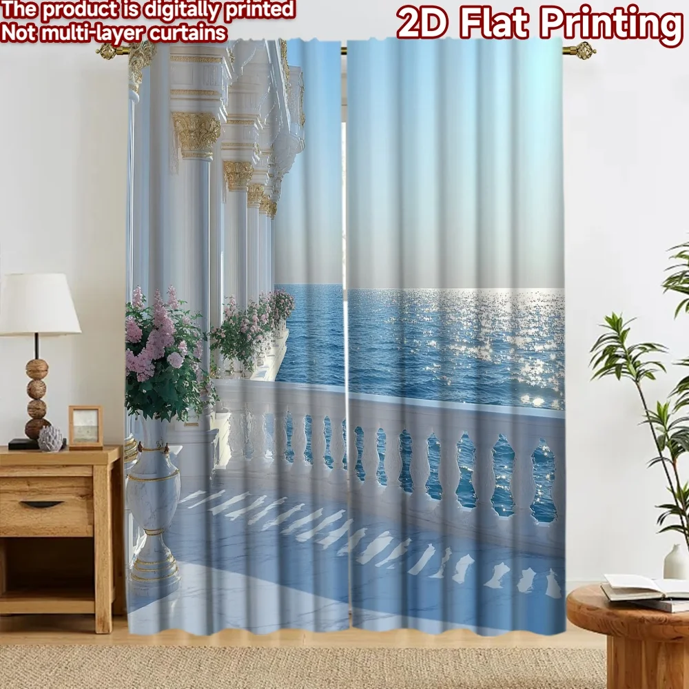 2D flat 2pcs Curtain Home Short Curtains Seaside Balcony Durable polyester fiber Birthday Party Use for Home Decor for Bedroom