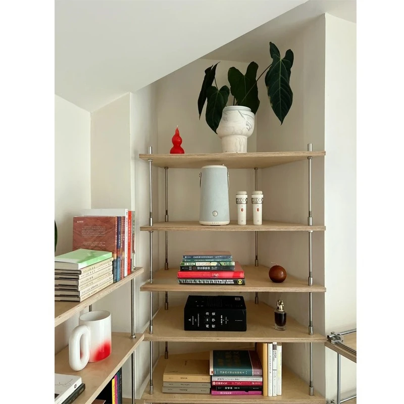 

Metal floor-to-ceiling shelves, birch ocean board bookshelves