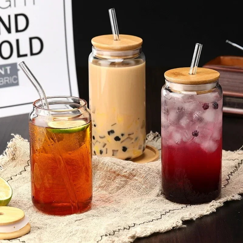 450/550mlGlass Cup with Lid and Straw Bubble Tea Cup Juice Glass Beer Can Milk Mocha Cup Breakfast Mug Drinkware Transparent