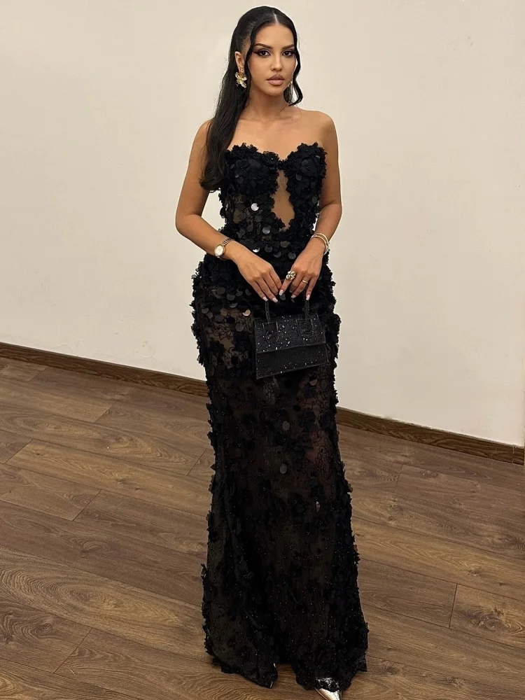 

Black Floral Sequin Evening Dresses – Strapless Design with Sheer Lace Detail Hollow Out Long Dress Vestidos Largos