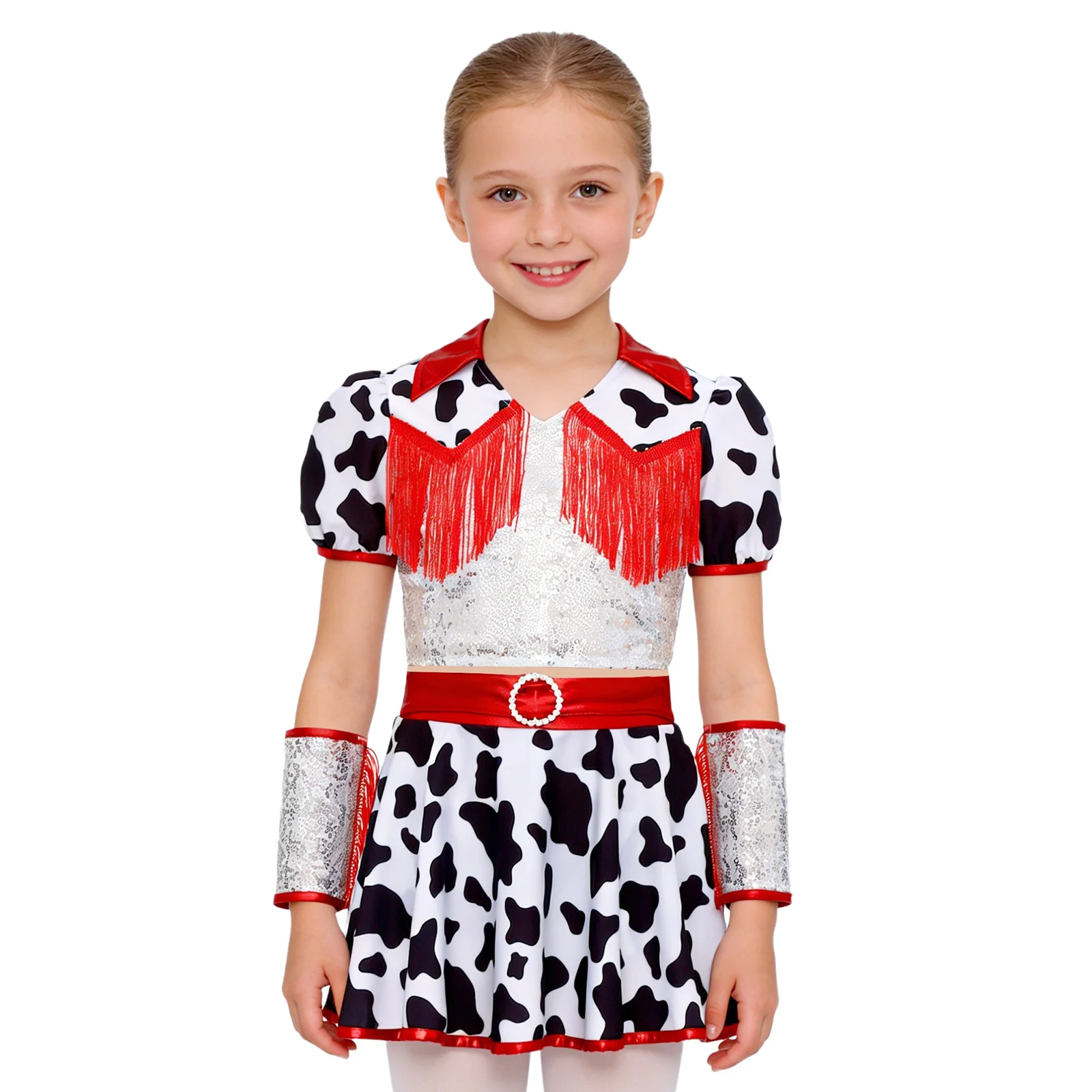 ชุดคอสเพลย์คาวเกิร์ลตะวันตกสำหรับเด็กผู้หญิง ชุดแฟนซีฮาโลวีน แต่งเลื่อมระยิบระยับ พร้อมชายครุย ชุดสองชิ้นสำหรับงานปาร์ตี้แฟนซีและการแสดง