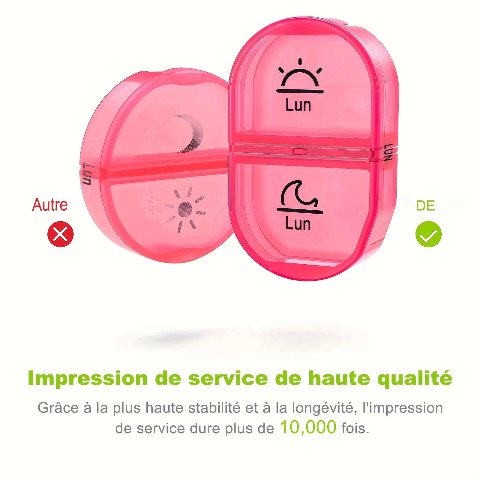 [الطباعة الفرنسية] صندوق حبوب/طاولة لمدة 7 أيام مع حجرتين، صندوق دواء مفيد ومقاوم للرطوبة