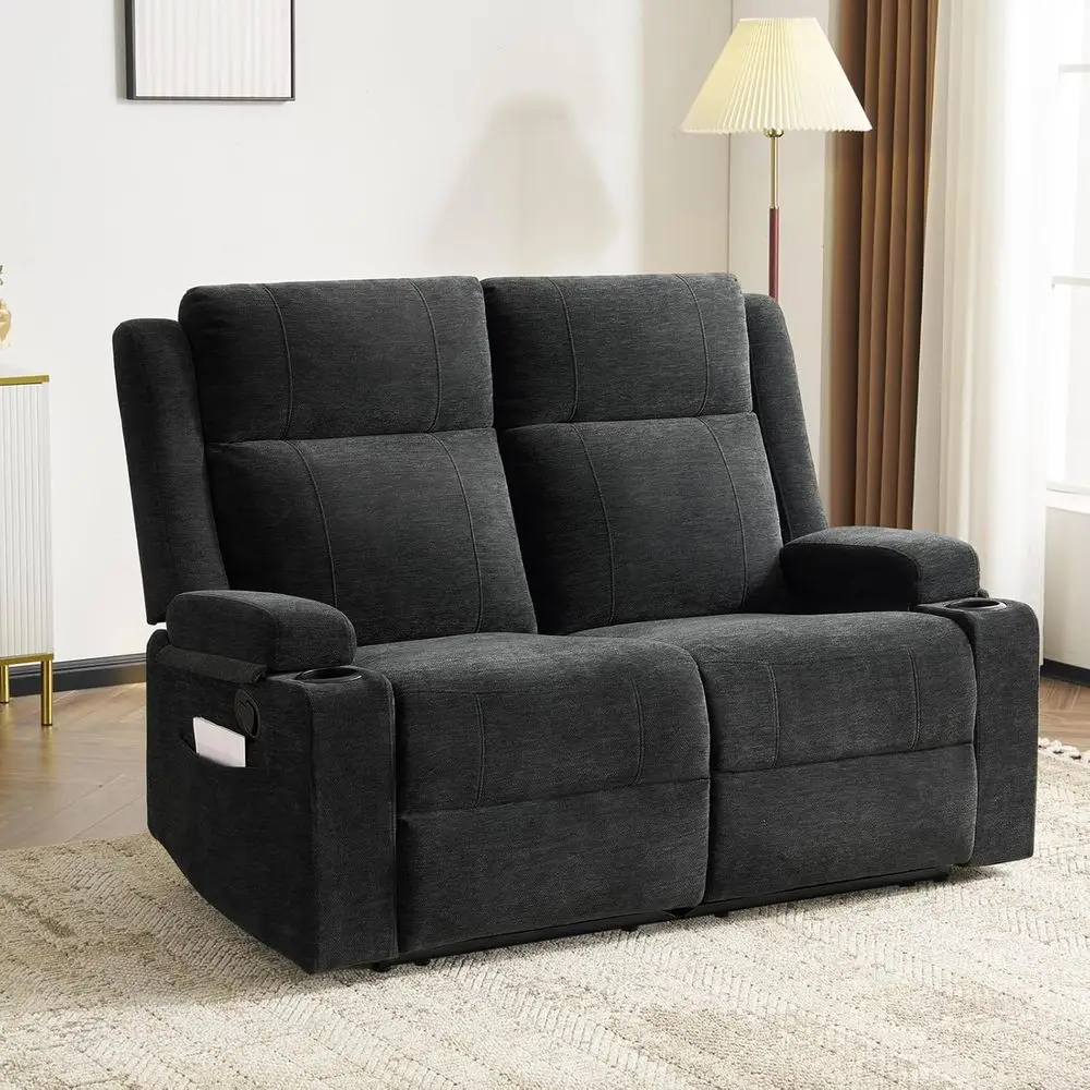 

Double Recliner Loveseat with Adjustable Footrest and Cup Holder for Living Room, Home Theater, and RV (Black)