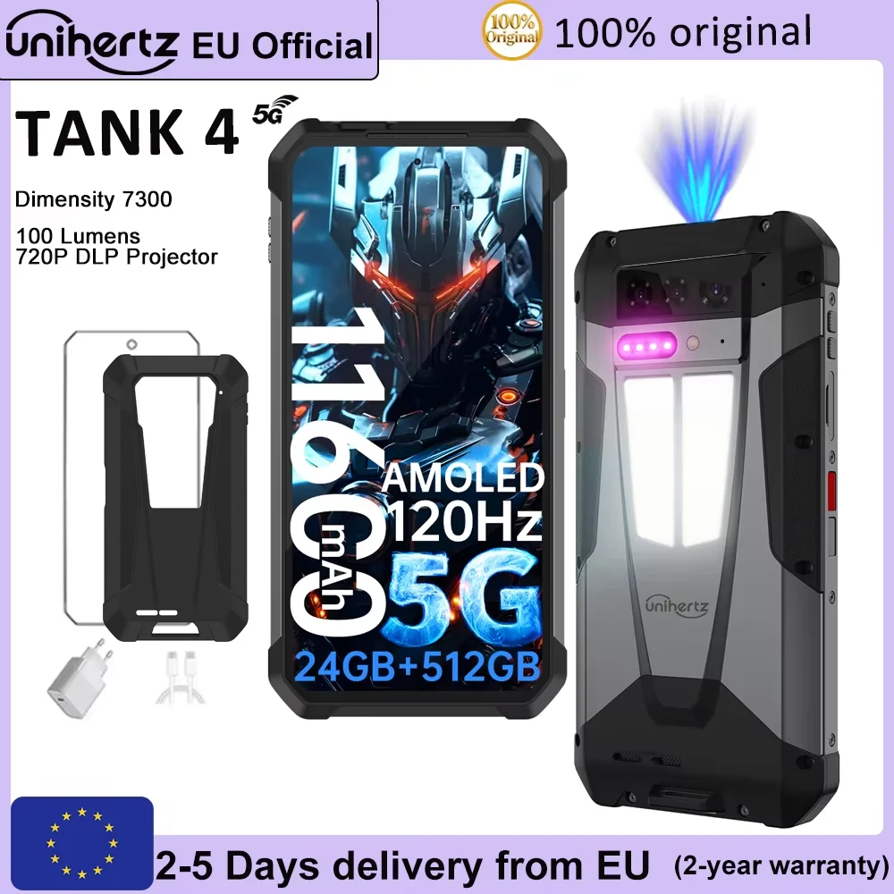 Unihertz par 8849 Tank 4 Smartphone 5G intégré 720P projecteur téléphone 24GB RAM 512GB ROM 11600mAh dimension 7300 AMOLED Android 14