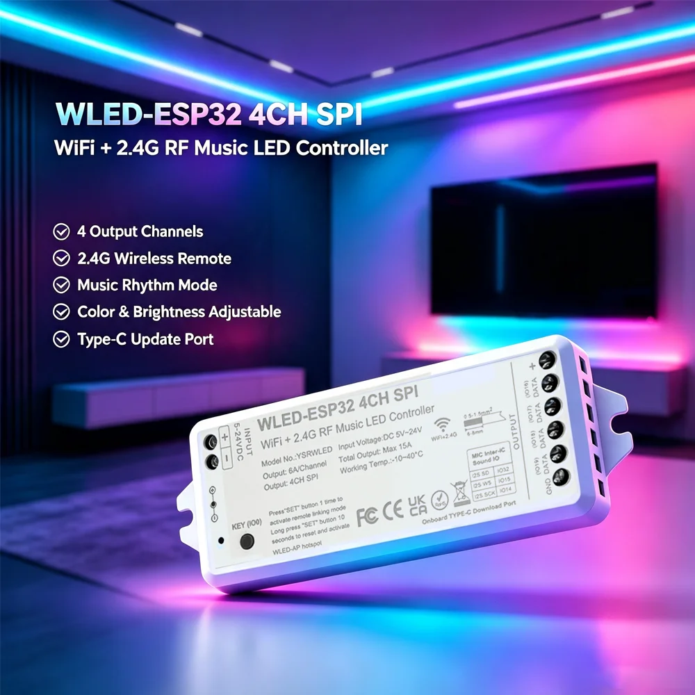 DC5-24V WiFi WLED ESP32 4CH LED Strip Controller Music Sync with Reomte Control Compatible WS2812B SK6812 RGBIC LED Strip DIY