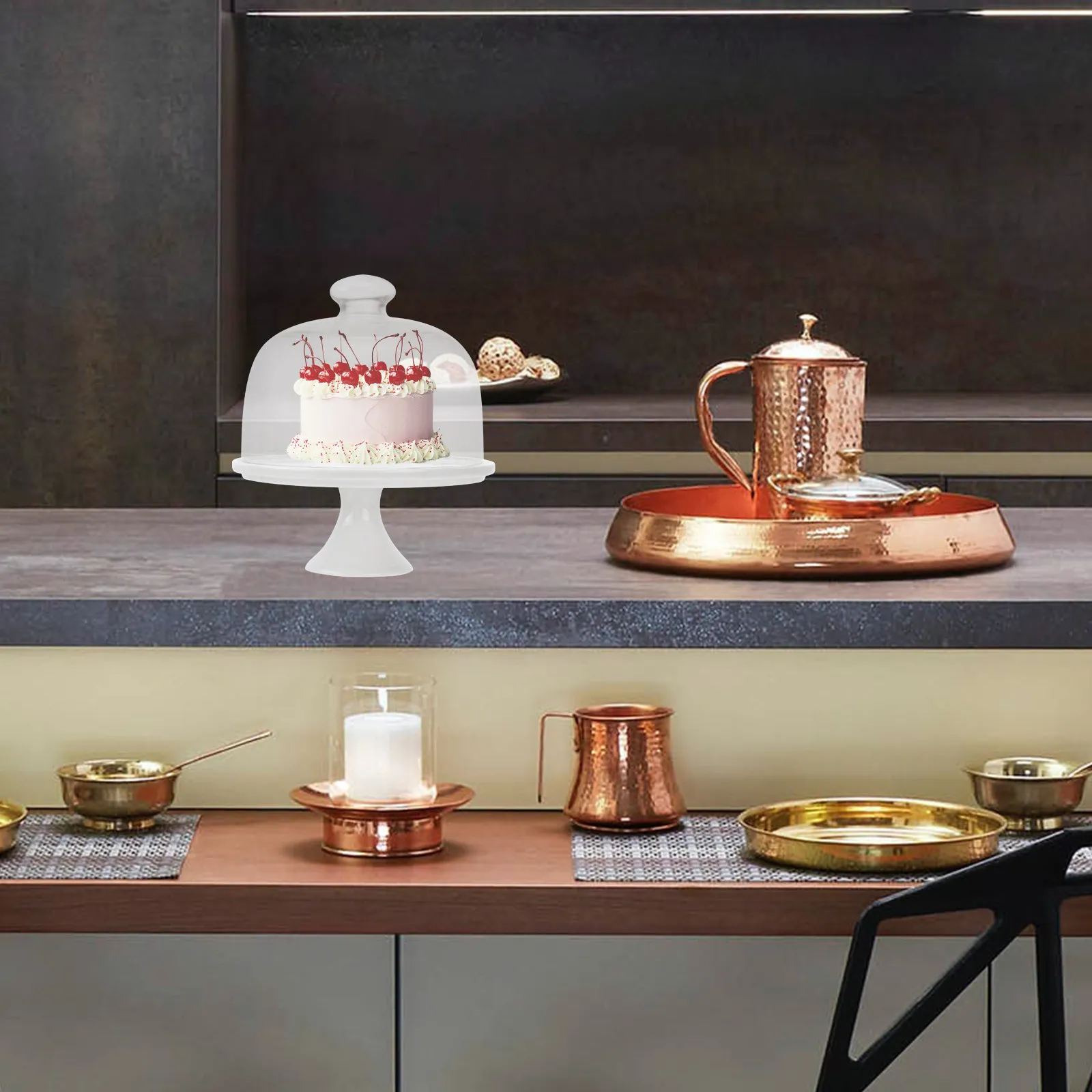 1Set Ceramic Cake Tray with Glass Lid Food Grade Dessert Plate Cover Kit Dust Proof Resistant Stylish Nordic Design