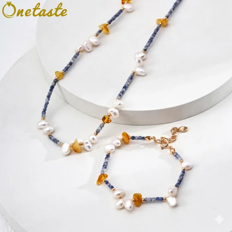 

Amber Pearl Blue Stone 925 Silver Beaded Chain Jewelry Sets With Rosary Necklace And Bracelet For Women Dainty Trendy Party Gift