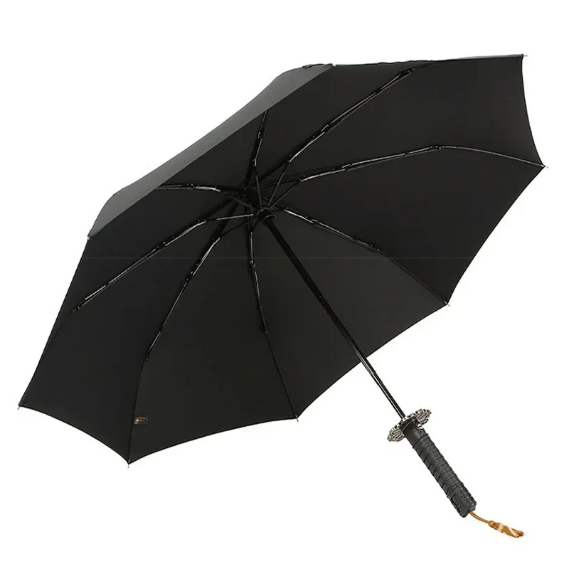 Black Samurai Umbrella, Creative Katana Handle, Automatic Folding Windproof Reinforced Thickened, Japanese Samurai Umbrella Men