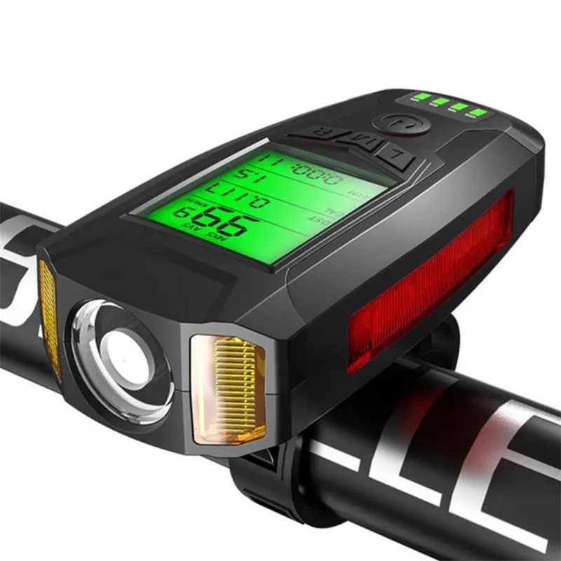 3-in-1 USB oplaadbare fietszaklamp met computersnelheidsmeter 5 verlichtingsmodi Fietskoplamp Piepfietszaklamp