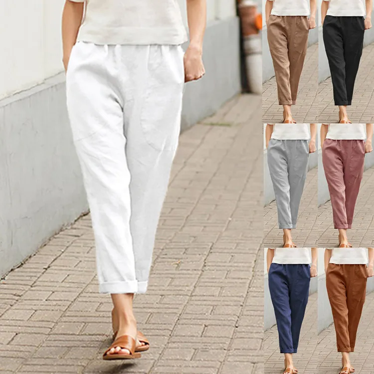 

2025 Women's Cotton and Linen Casual Pants Women's Solid Color Nine-Point Pants Loose Pockets Harlan Pants Women's
