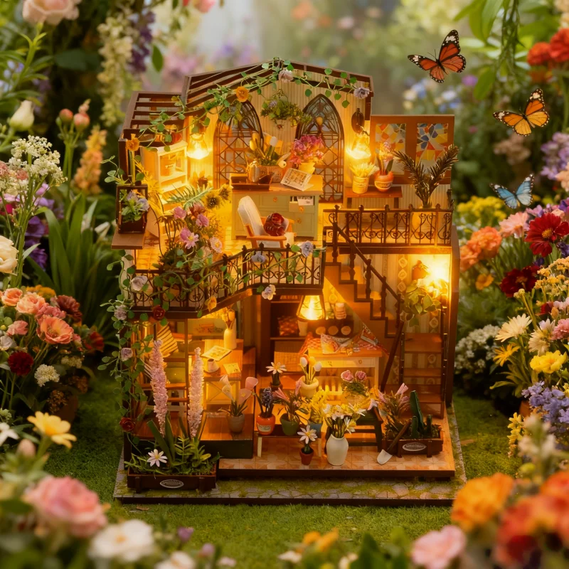 OUZEY Victorian Bloom Cottage DIY، بيت زهور خشبي ثلاثي الأبعاد من طابقين، هدية كلاسيكية للمراهقين #5