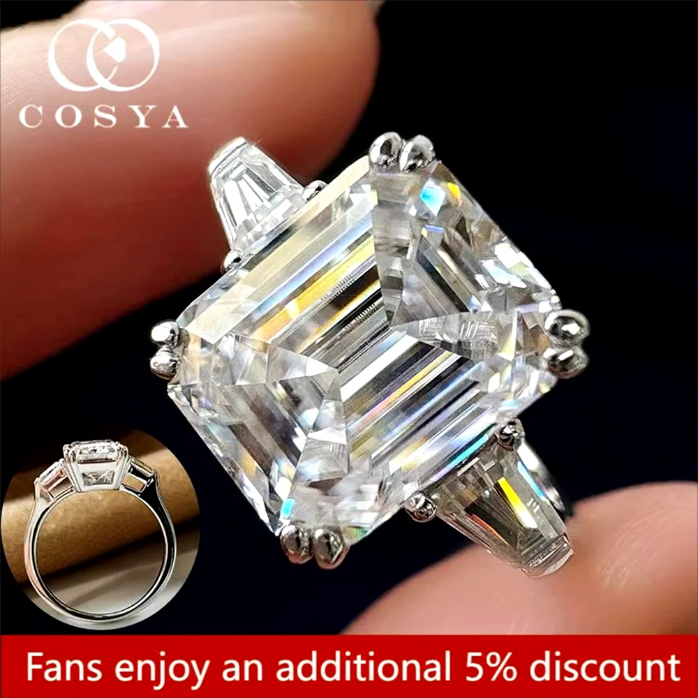 

COSYA 1-4CT Сертификат GRA 3-х каменное кольцо с муассанитом для женщин изумрудная/трапециевидная огранка S925 стерлингового серебра обручальное кольцо ювелирные изделия