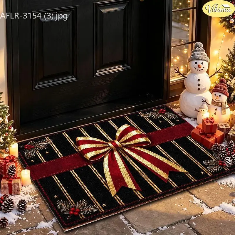 VIKAMA Mint Green Stripe Bow Entryway Rug Non Slip Low Profile Mats for Outside Front Door Xmas Holiday Decor Washable