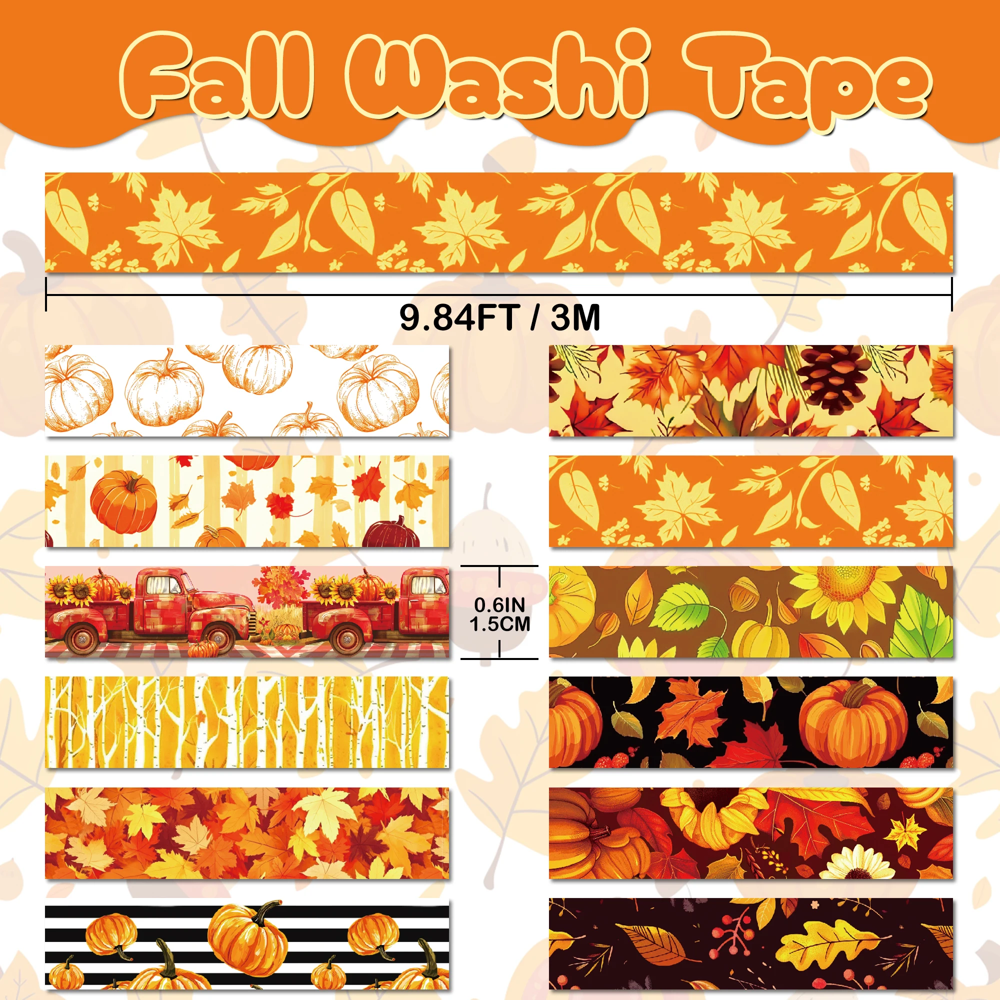 가을 와시 테이프 세트, 가을 잎 장식 테이프, 호박 단풍잎, 그놈 해바라기, 추수감사절 마스킹 테이프, 12 롤