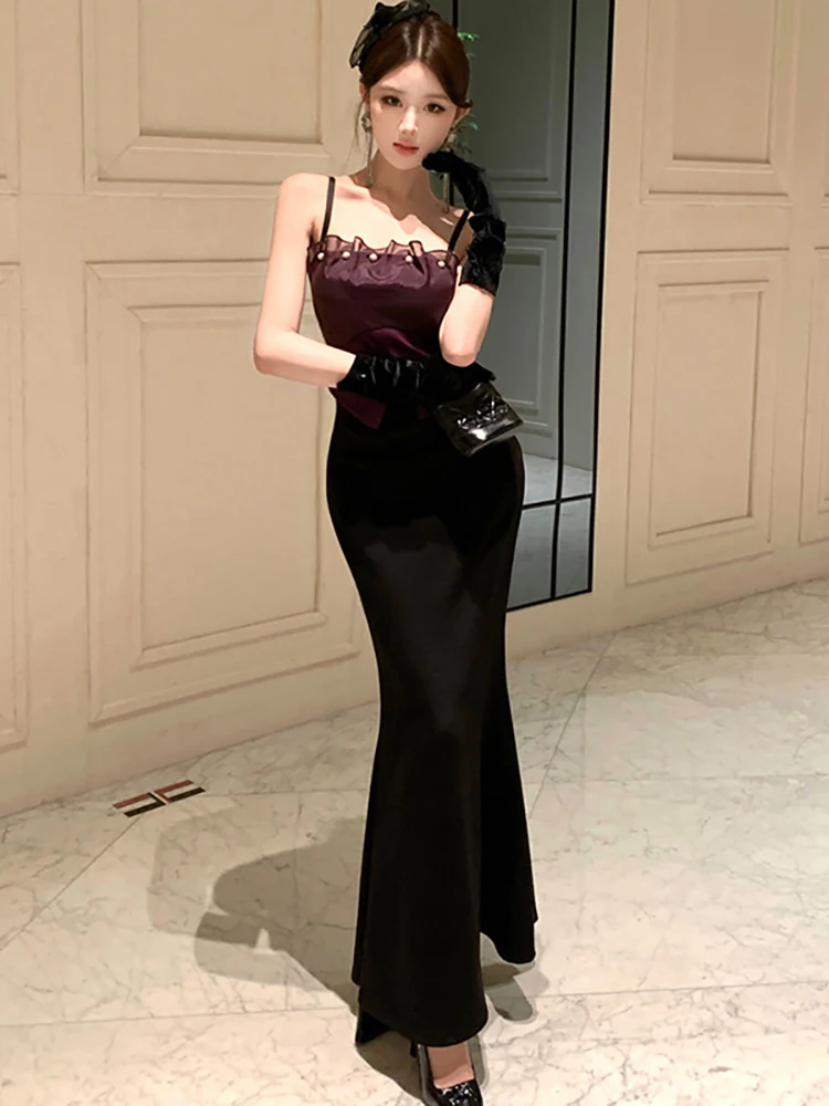 

Black Patchwork Purple Chic Beading Ruffled Sling Dress for Women Summer Elegant Bodycon Dress 2026 Korean Vintage Evenign Dress