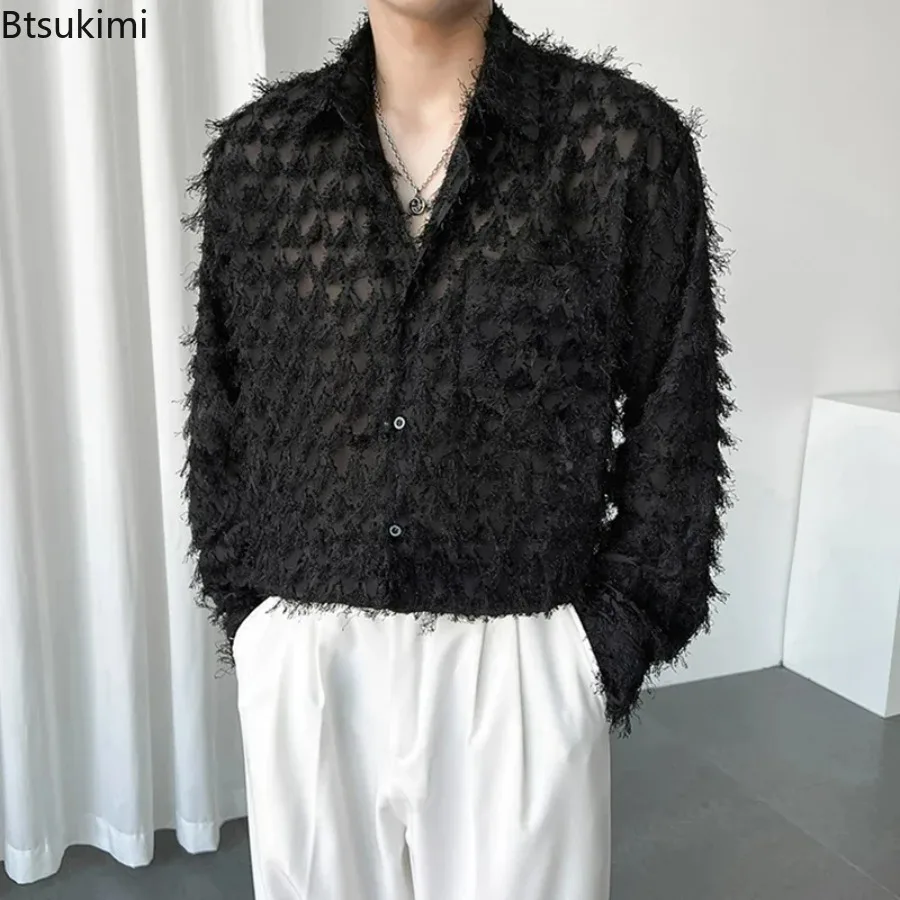 2026 Men's Party Fashion Tassel Design Shirts Spring Autumn Casual Buttoned Lapel Shirt Vintage Solid Color Men Cardigan Tops