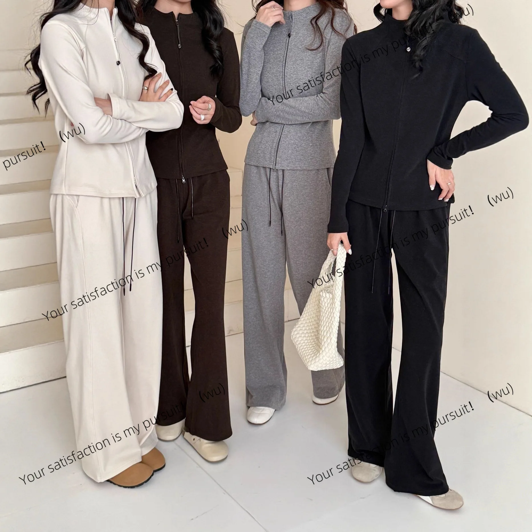 

Set Women's Tea Premium Skinny Two-way Zipper Sweater Wide Leg Pants Sports and Leisure Two-piece Set