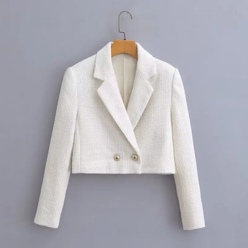 

Short Texture Weave Blazer Women Retro lapel Long Sleeve Gold Button Coat Female Top Women's Fashion 2025 Autumn/Winter