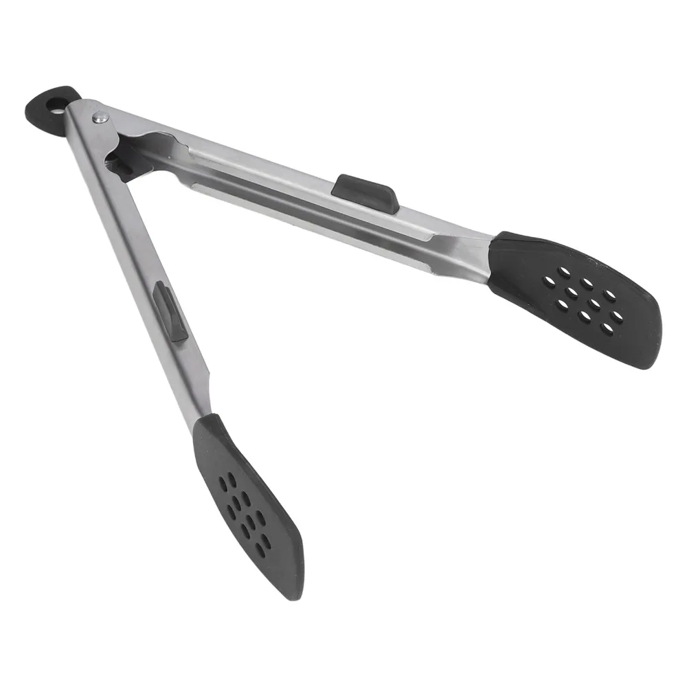 Hanging Loop Food Tongs Compact Tong Stainless Steel+Silicone Cooking Tongs Red Black Two Arms Serving Tongs BBQ Grilling