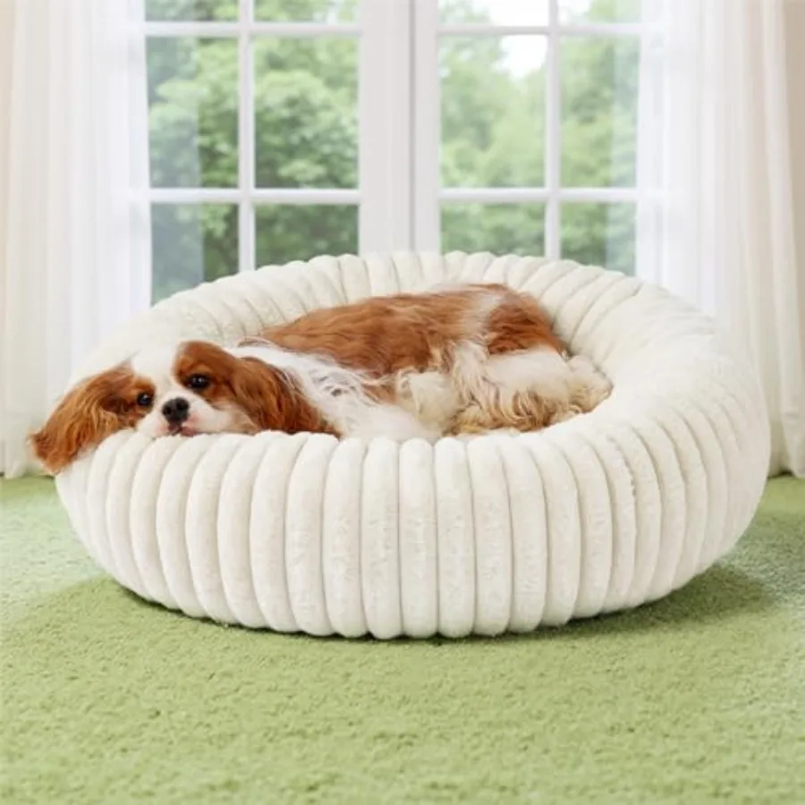 ComfyFleece™ Donut Medium Dog Bed - Washable Faux Fur with Corduroy Fleece and Anti Slip Bottom Round Pet Bed with Removable Co