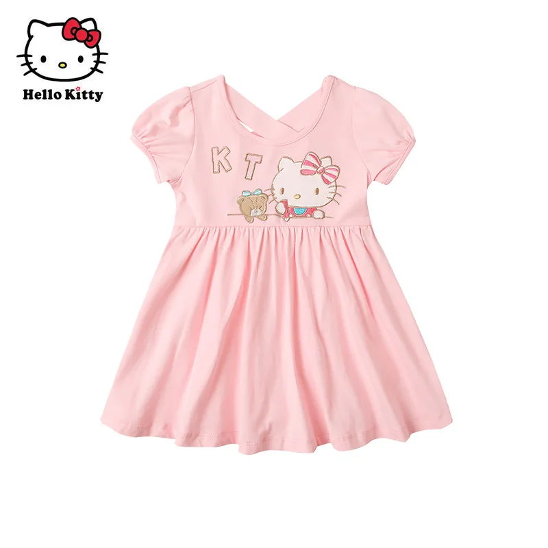 Kawaii Sanrios Hellokittys Summer Anime Baby Clothing Girls Mesh Princess Puff Sleeve Dress Kids Cotton Comfortable Tutu Skirt