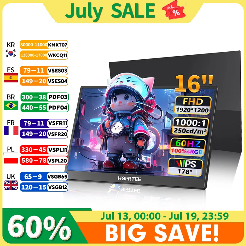HGFRTEE 16 Inch Portable Gaming Monitor 1200P 60Hz with HDR USB-C Mini HDMI Compatible with Windows MacBook Switch Xbox PS4