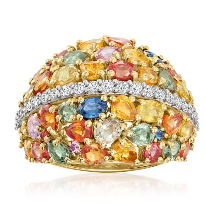 Luxuriöser, mehrfarbig mit CZ besetzter Damenring, trendige goldene Farbe, geometrisches Design, für den täglichen Gebrauch, Partyschmuck, Jubiläumsgeschenk.