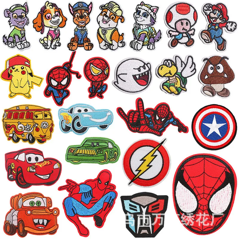 24 Uds. Parches de dibujos animados bordados ropa Spiderman Pikachu pegatinas de cachorros en ropa pegatinas de ropa parche accesorio