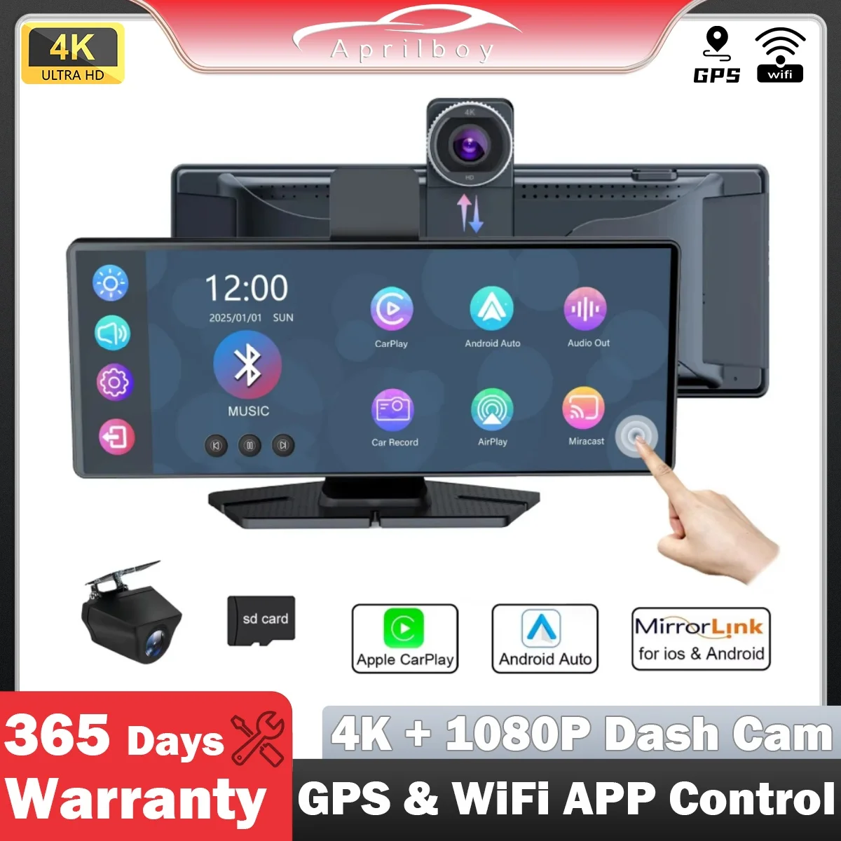 Aprilboy C3 10.26 inch 4K Dash Cam Carplay  Android Auto Car Radio Multimedia Player Portable Recorder Car Stereo Touchscreen