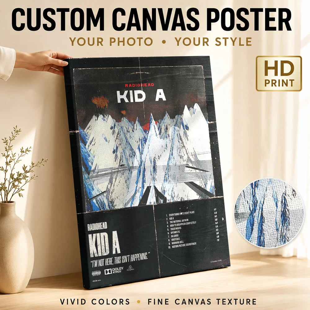 Radiohead Kid A Album Framed Canvas Print Poster Grunge Style Wall Decor With Customized Photo For Bedroom Ideal Record Fan Gift