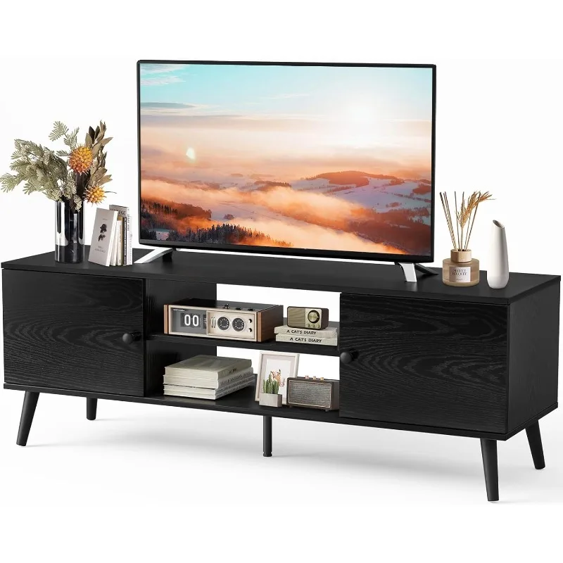 TV Stand for 55 60 inch TV, Modern Mid Century Entertainment Center with Storage, Media Console Table 2 Cabinet, Soft Hinge