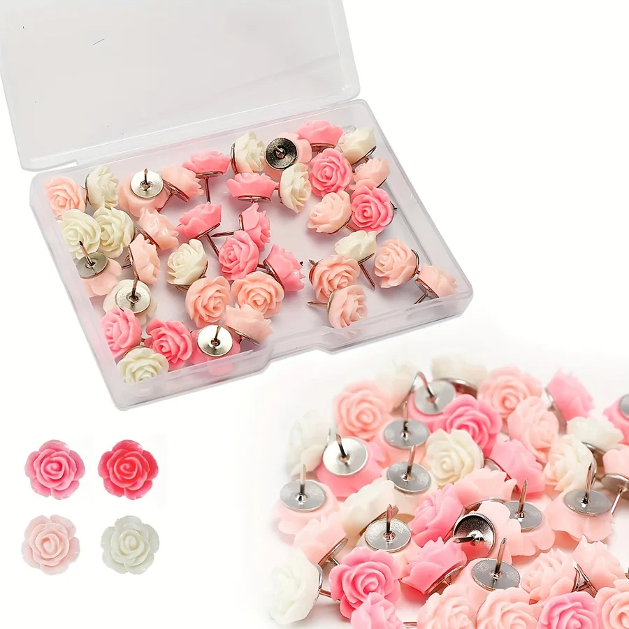 20pcs Resin Push Pins Cute Rose Flower Thumbtack New Board Drawing Photo Wall Studs Office Maps School Classroom Supplies