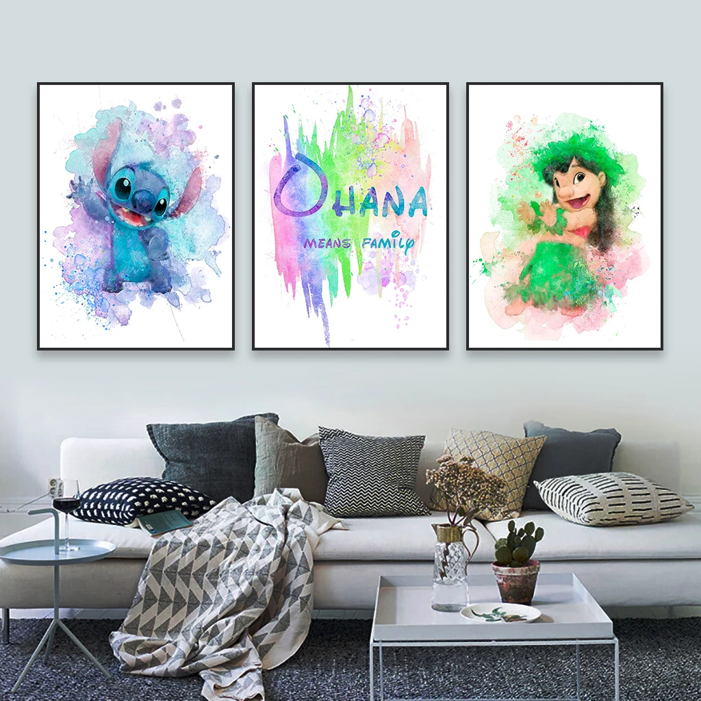 Funny Lilo & Stitch Posters Disney Print Ohana Means Family Watercolor Wall Art Canvas Painting Kids Room Wall Art Decoration