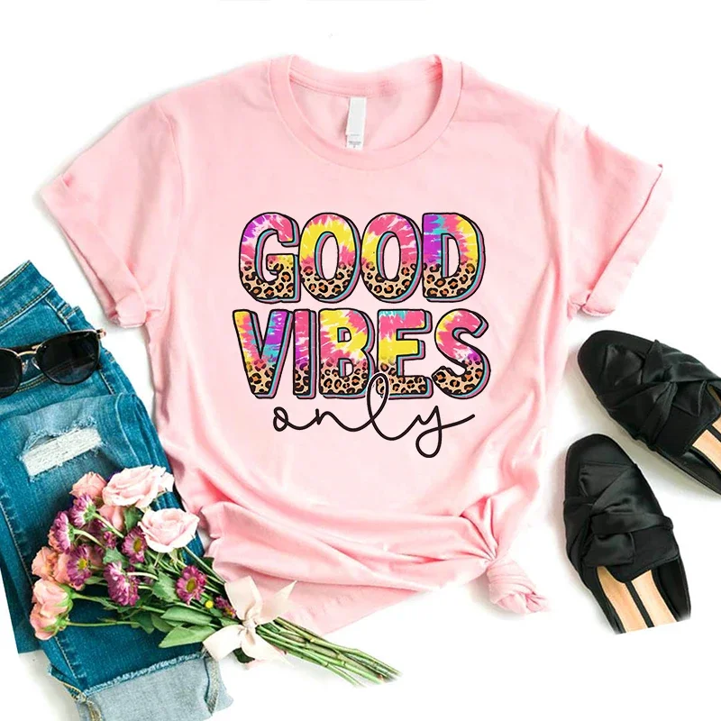 

Leopard Good Vibes Only Letter Printed T Shirt Girls White Pink Casual Tshirt Women Harajuku Shirt Summer Tops Tee Shirt