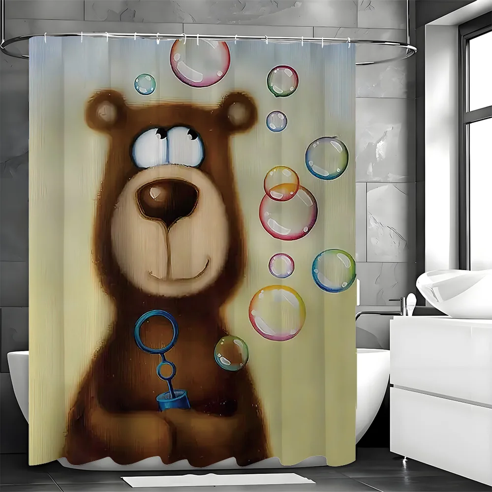 

Занавеска для душа с мультяшным медвежонком, выдувающая пузырьками, моющаяся, грязеотталкивающая насадка для душа, водонепроницаемая полиэстеровая занавеска для ванны