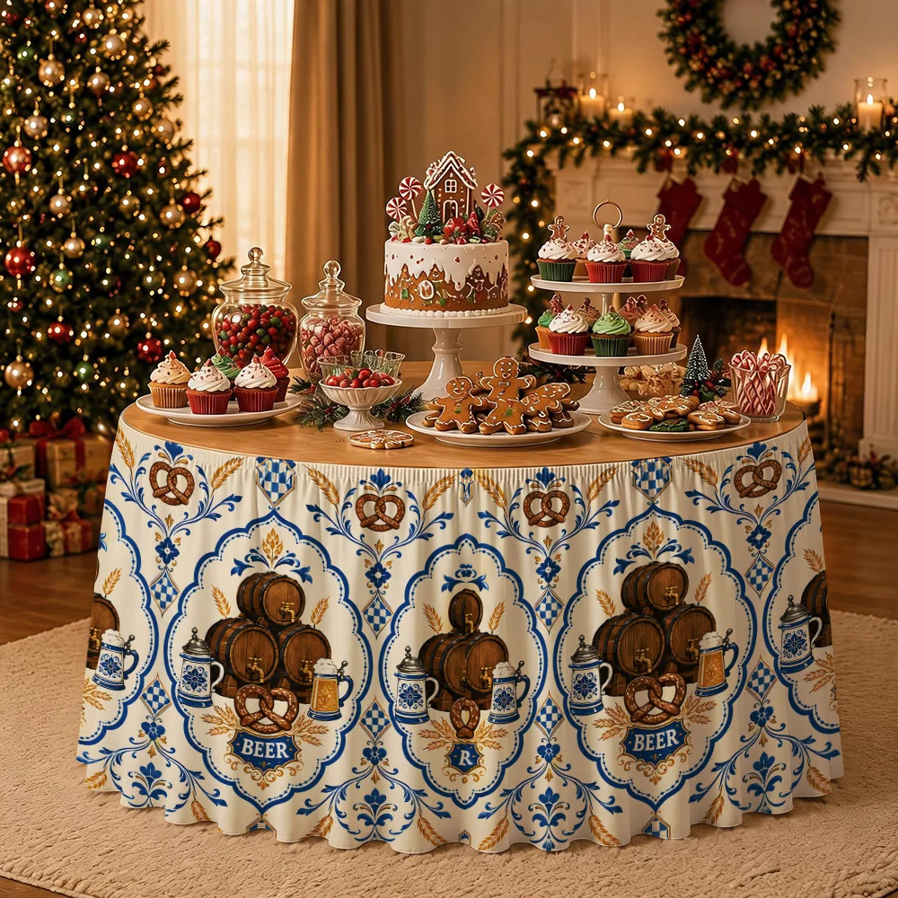 Traditional folk offset relief barrel tavern stacked Oktoberfest table skirt, Bavarian party decoration