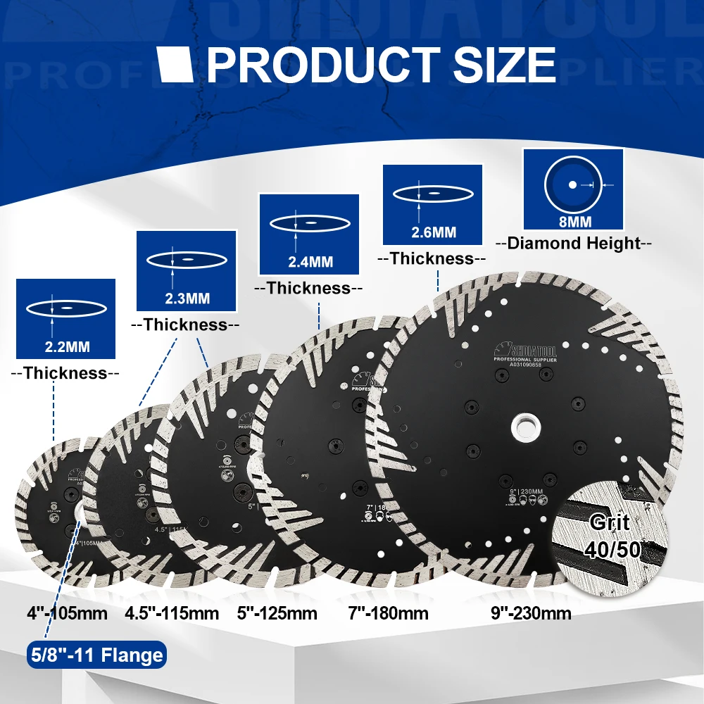 SHDIATOOL hoja de sierra de diamante con protección inclinada, dientes triangulares, brida de 5 y 8, disco de corte de unión de Metal, piedra de
