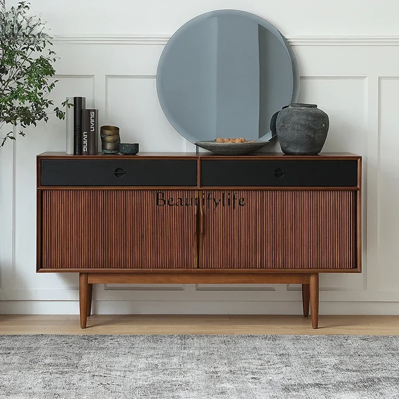 

02Retro dining side cabinet Modern living room entrance Solid wood rolling door against the wall Storage tea cabinet