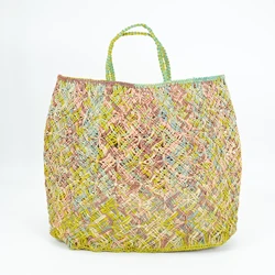 Handmade Crocheted Hollow Out Designer Colorful Striped Straw Raffia Tote