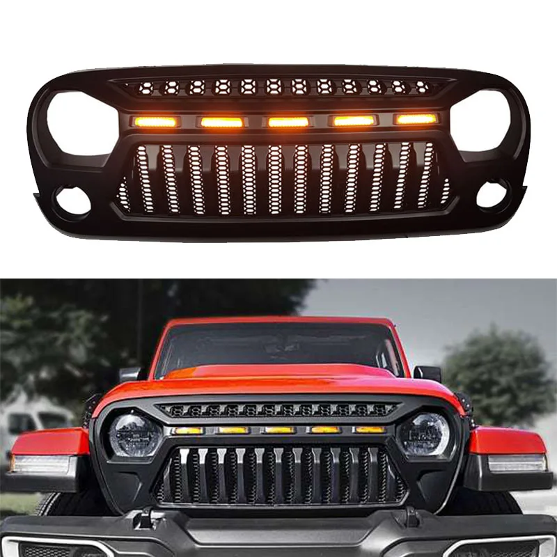 For Jeep Wrangler 2018-2022 JL JT Jeep Auto Parts Front Bumper SHARK LED Grille Exterior Accessories Insert Mask Style Grill