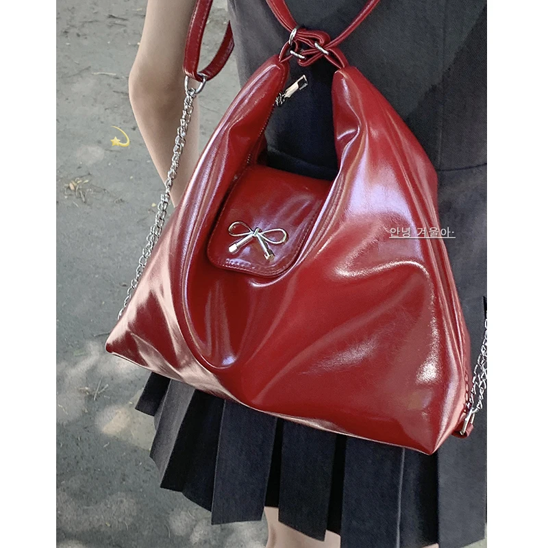 Cherry Red Bow Large Capacity Shoulder Bag 2024 New Cool Girl Magnetic Buckle Zipper Backpack Commuter Classroom Crossbody Bags