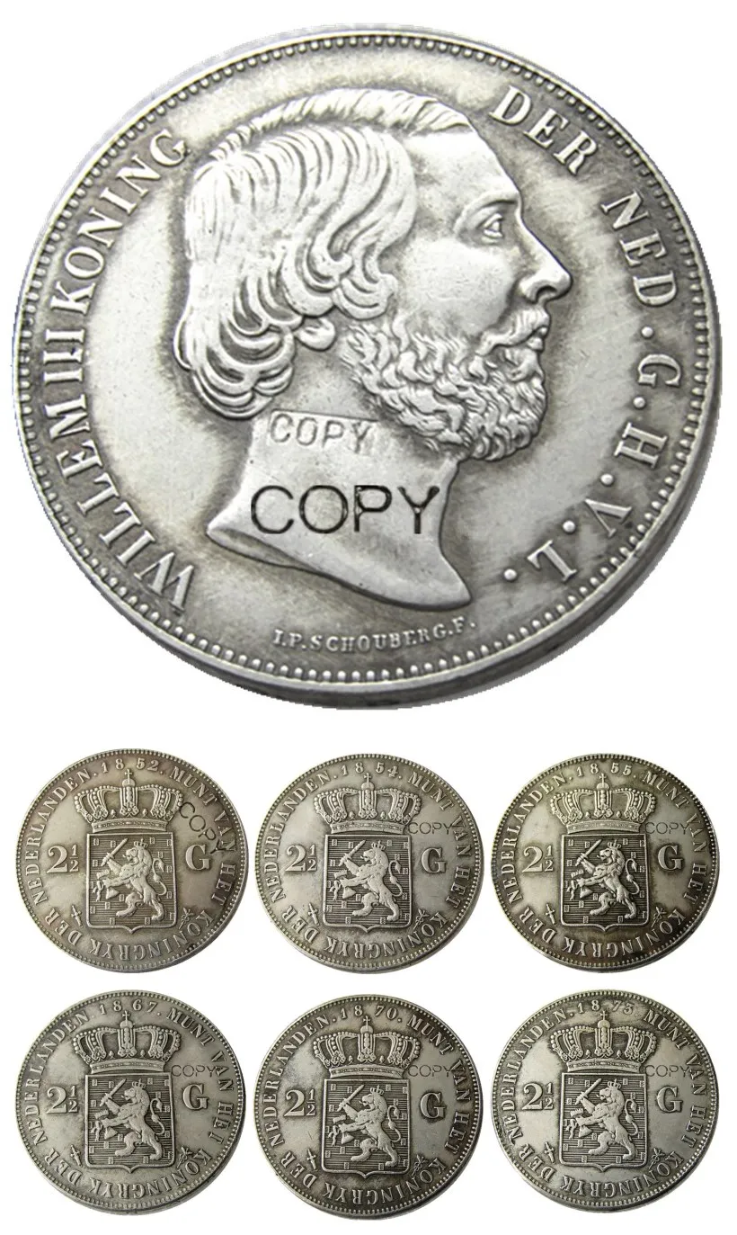 Netherlands,A set of 1852-1873 6pcs 2 1/2 Gulden Willem lll Silver Plated Copy Decorative Coin