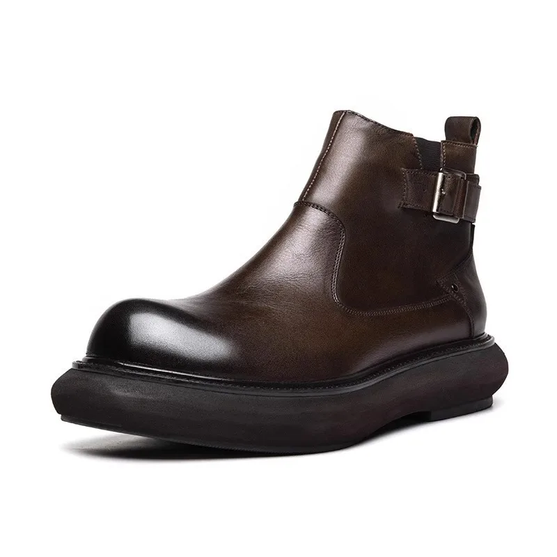 

British Motorcycle Riding Boots Men's Genuine Leather Retro Height Increasing Thick Soled Chelsea Boots Male Shoes Cowhide
