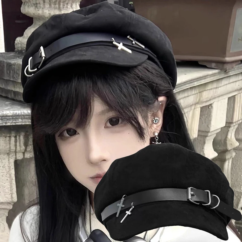 

2025 Панк Женщины Harajuku Готическая Лолита Берет Кепка Y2K Девушки Лук Панк Кружева Ручная работа Декоративные солнцезащитные шляпы с крестообразной подвеской