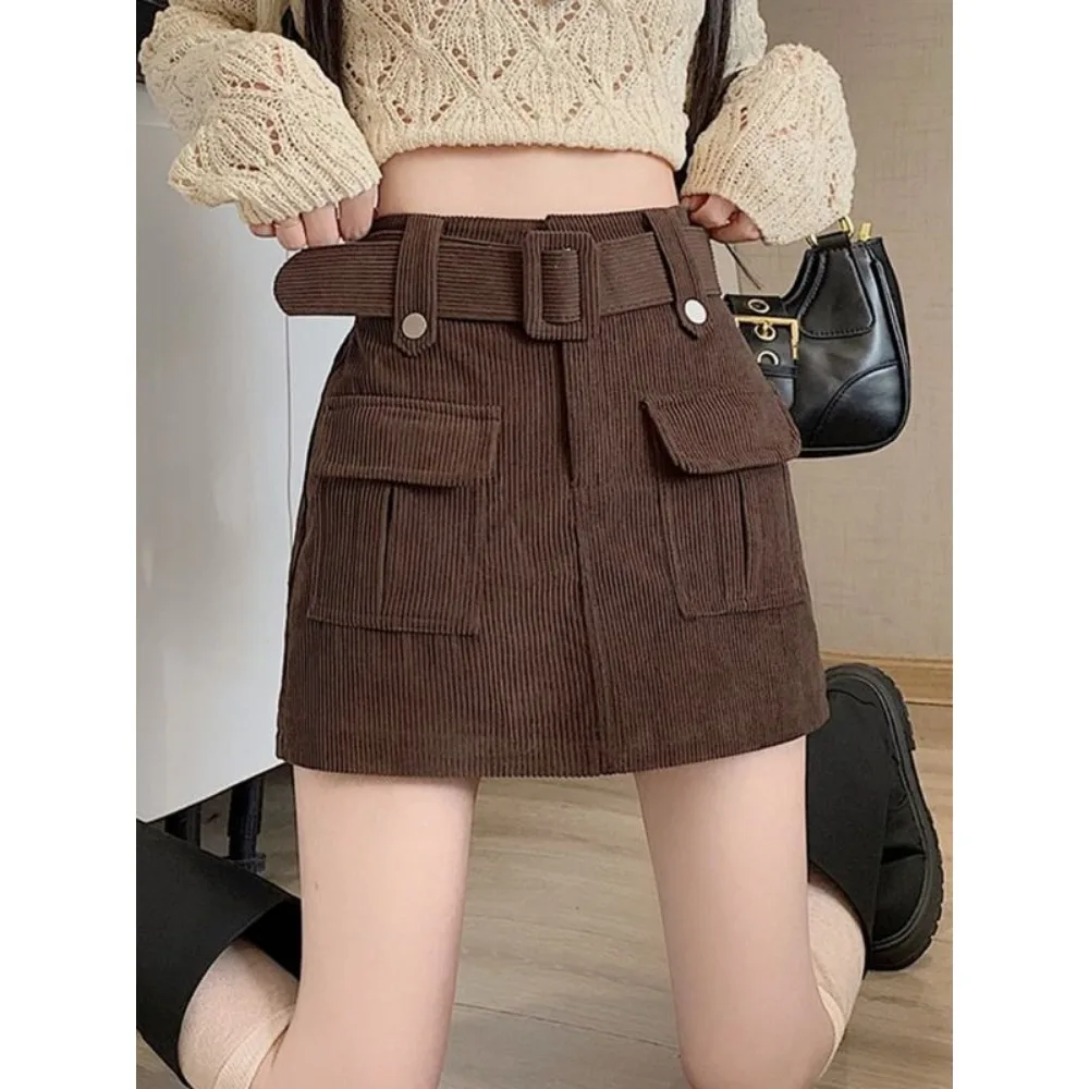 Invisible Open Crotch Outdoor Sex Pants Vintage Corduroy Workwear Skirt Women\'s Shorts High Waist A- Line Sheath Skort Pantskirt