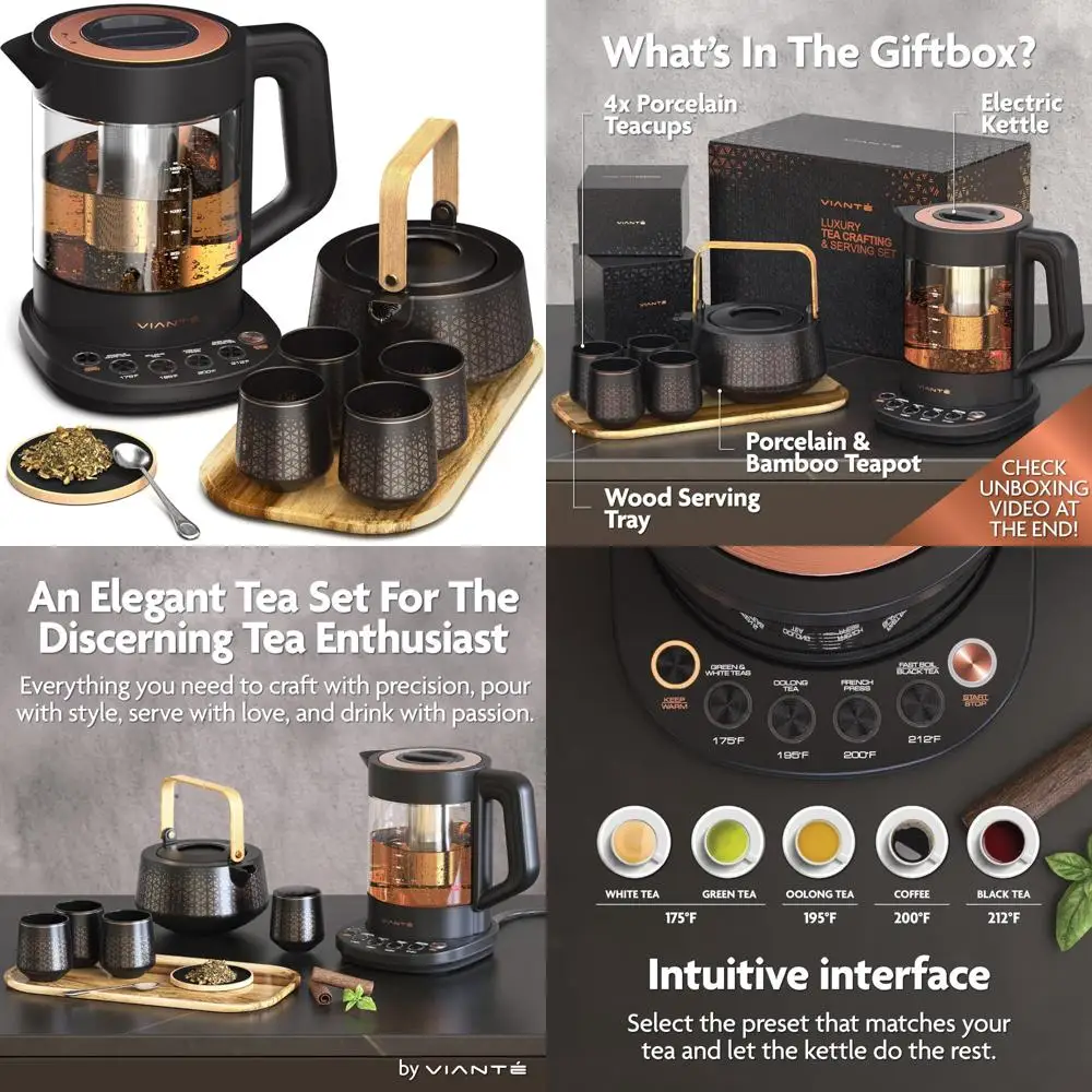 

Elegant Tea Set: Electric Kettle with Infuser for Loose Leaf Tea and Ceramic Serving Tray with Teapot and Cups