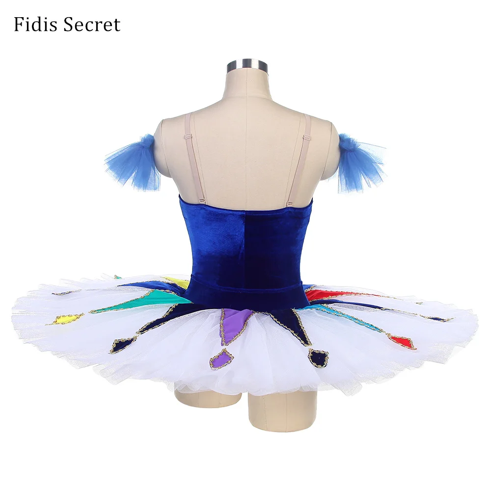 Blue Velvet Bodice White Pancake Tutu Skirt for Girls Ballet Performance,Ballerina Sugar Plum Fairy Harlequin Pattern Stage Wear