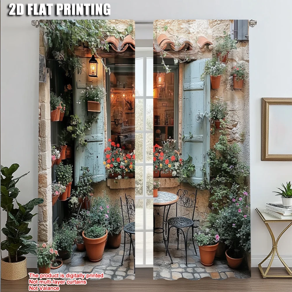 

2pcs, Upscale Curtains 2D print Potted Flowers_ Scenic Architecture Machine Washable (without rod) Versatile All for Bedroom &
